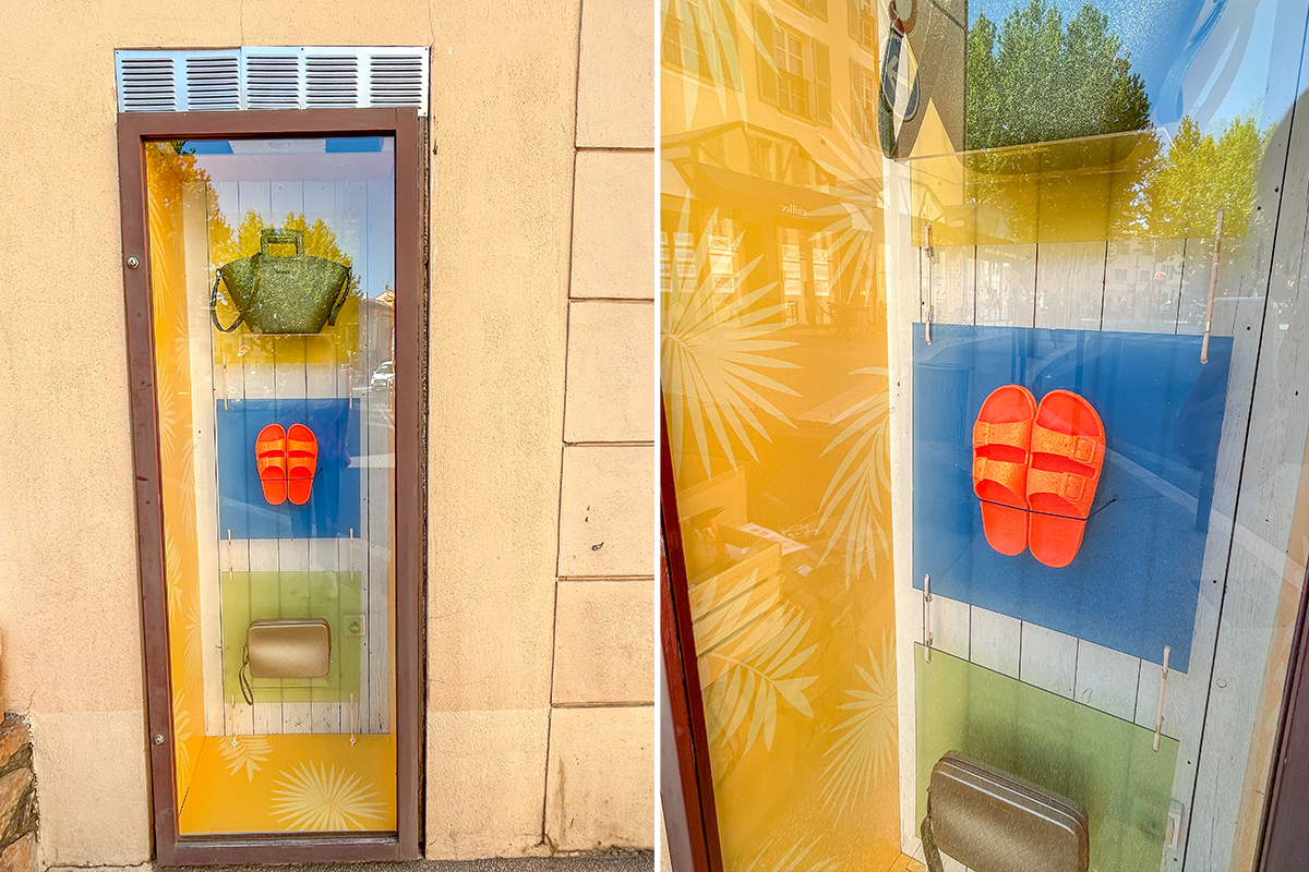 décor de vitrine à Saint Tropez création et installation de la scénographie pour une marque française Cacatoes - Studio WAY