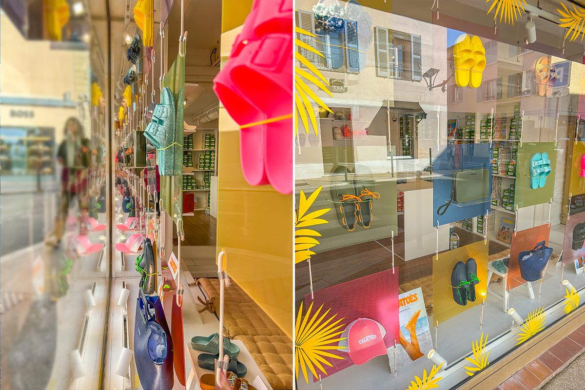 décor de vitrine à Saint Tropez création et installation de la scénographie pour une marque française Cacatoes - Studio WAY