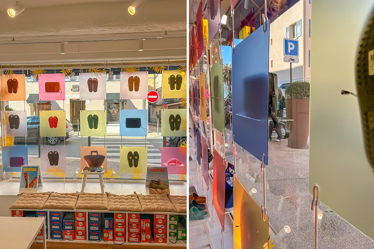 décor de vitrine à Saint Tropez création et installation de la scénographie pour une marque française Cacatoes - Studio WAY