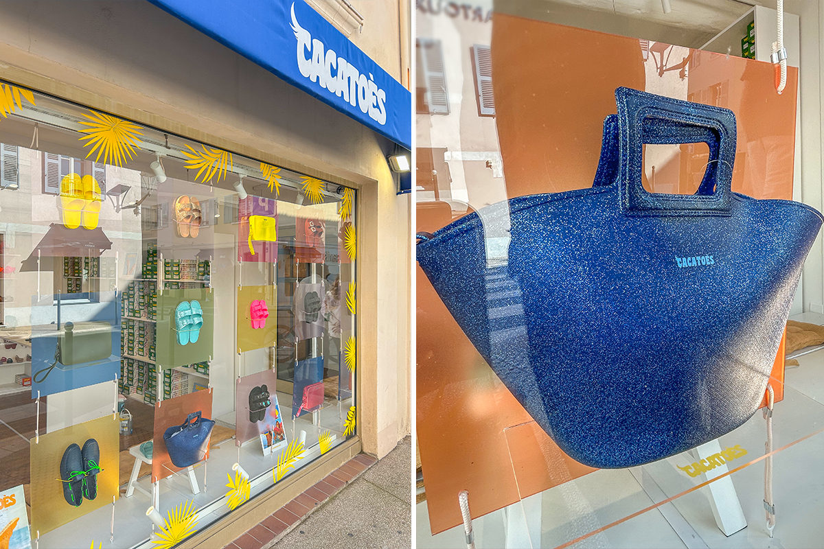 décor de vitrine à Saint Tropez création et installation de la scénographie pour une marque française Cacatoes - Studio WAY